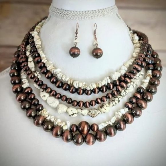 Multilayered Natural Stone Beaded Necklace & Earring Set - Picture 1 of 1
